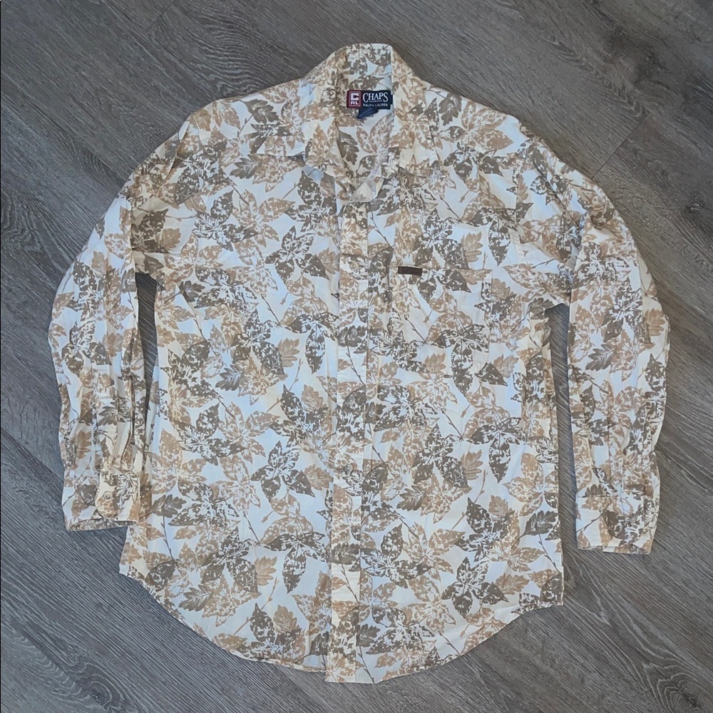 Vintage chaps Ralph Lauren Cream Brown Leaf Print Shirt size medium brown tan